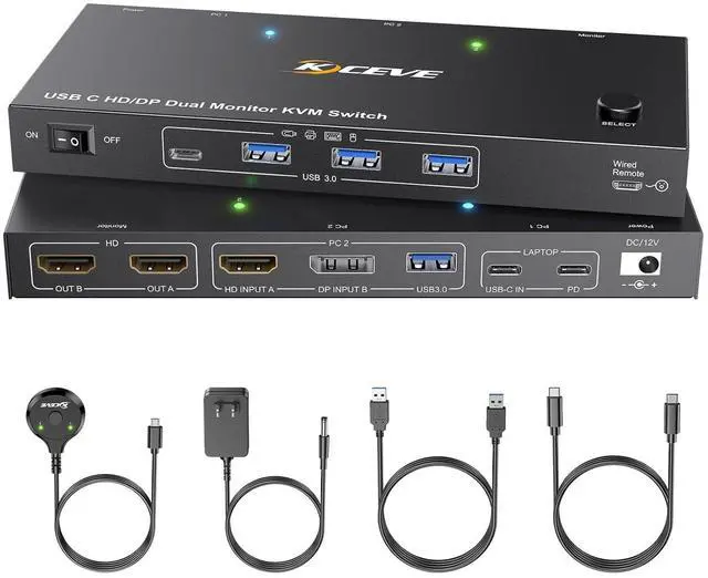 Main image of IHDAPP KVM Switch 2 Monitors 2 Computers USB C HDMI Displayport, KVM Switch Dual Monitor HDMI for Laptop & Desktop, USB 3.0 MST Dual HDMI 4K@60Hz, PD 60W for Laptop, with Wired Remote