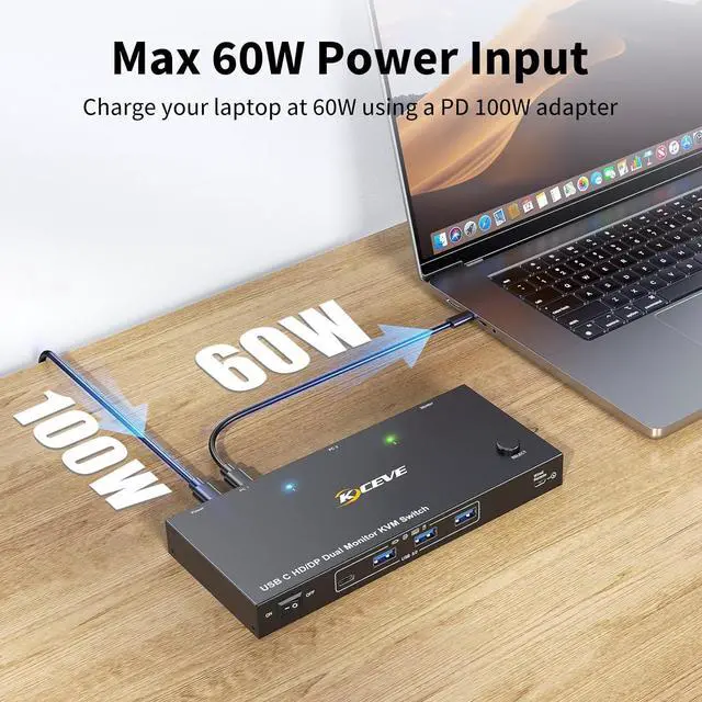 Alt view image 4 of 7 - IHDAPP KVM Switch 2 Monitors 2 Computers USB C HDMI Displayport, KVM Switch Dual Monitor HDMI for Laptop & Desktop, USB 3.0 MST Dual HDMI 4K@60Hz, PD 60W for Laptop, with Wired Remote