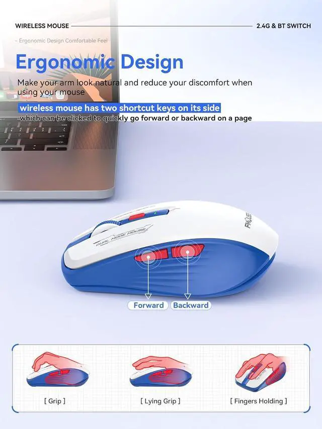 Alt view image 4 of 7 - IHDAPP Wireless Mouse (Bluetooth & 2.4GHz USB) with Forward/Backward Side Keys, Silent Click Mouse, Ergonomic Portable AA Battery Wireless Mice for Laptop/Mac/iPad -Office & Travel Use, Blue&White