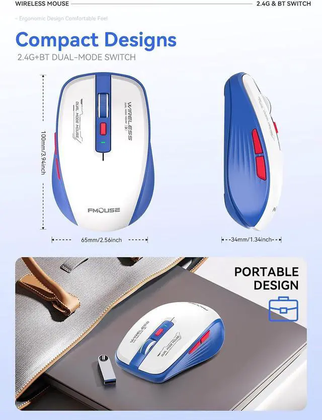 Alt view image 7 of 7 - IHDAPP Wireless Mouse (Bluetooth & 2.4GHz USB) with Forward/Backward Side Keys, Silent Click Mouse, Ergonomic Portable AA Battery Wireless Mice for Laptop/Mac/iPad -Office & Travel Use, Blue&White