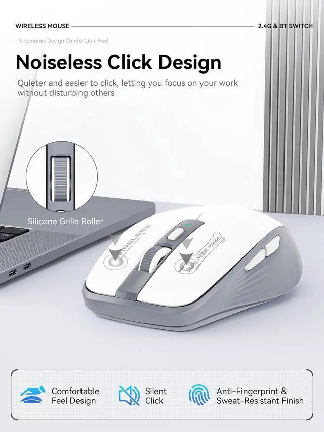 Alt view image 4 of 7 - IHDAPP Wireless Mouse (Bluetooth & 2.4GHz USB) with Forward/Backward Side Keys, Silent Click Mouse, Ergonomic Portable AA Battery Wireless Mice for Laptop/Mac/iPad -Office & Travel Use, Gray