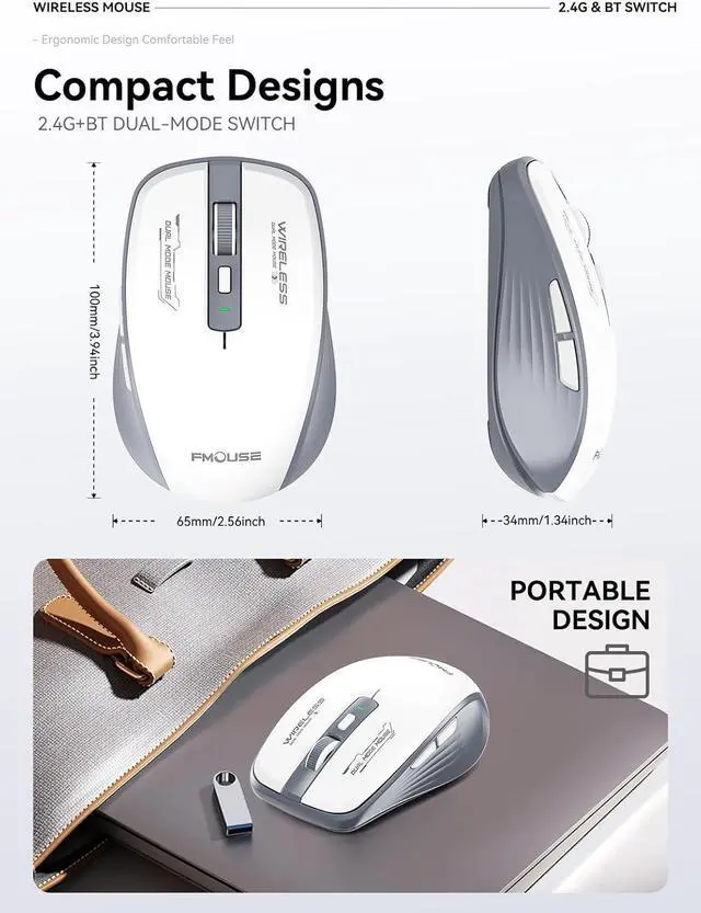 Alt view image 7 of 7 - IHDAPP Wireless Mouse (Bluetooth & 2.4GHz USB) with Forward/Backward Side Keys, Silent Click Mouse, Ergonomic Portable AA Battery Wireless Mice for Laptop/Mac/iPad -Office & Travel Use, Gray