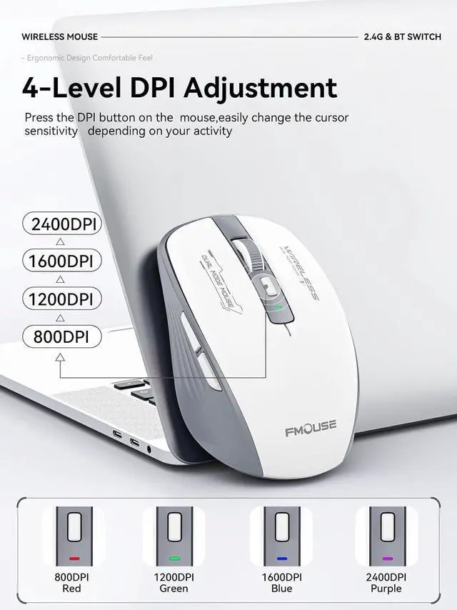 Alt view image 6 of 7 - IHDAPP Wireless Mouse (Bluetooth & 2.4GHz USB) with Forward/Backward Side Keys, Silent Click Mouse, Ergonomic Portable AA Battery Wireless Mice for Laptop/Mac/iPad -Office & Travel Use, Gray
