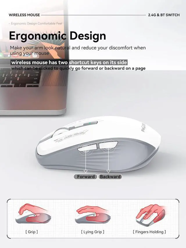 Alt view image 5 of 7 - IHDAPP Wireless Mouse (Bluetooth & 2.4GHz USB) with Forward/Backward Side Keys, Silent Click Mouse, Ergonomic Portable AA Battery Wireless Mice for Laptop/Mac/iPad -Office & Travel Use, Gray