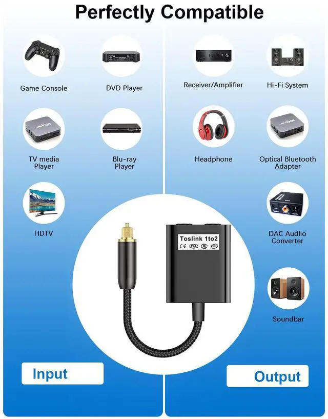 Alt view image 2 of 7 - IHDAPP Optical Audio Splitter 1 in to 2 Out Toslink Splitter Optical Adapter Cable, Optical Splitter 1 to 2 Toslink Cable Adapter, Ideal for Home Theatre and More - Black