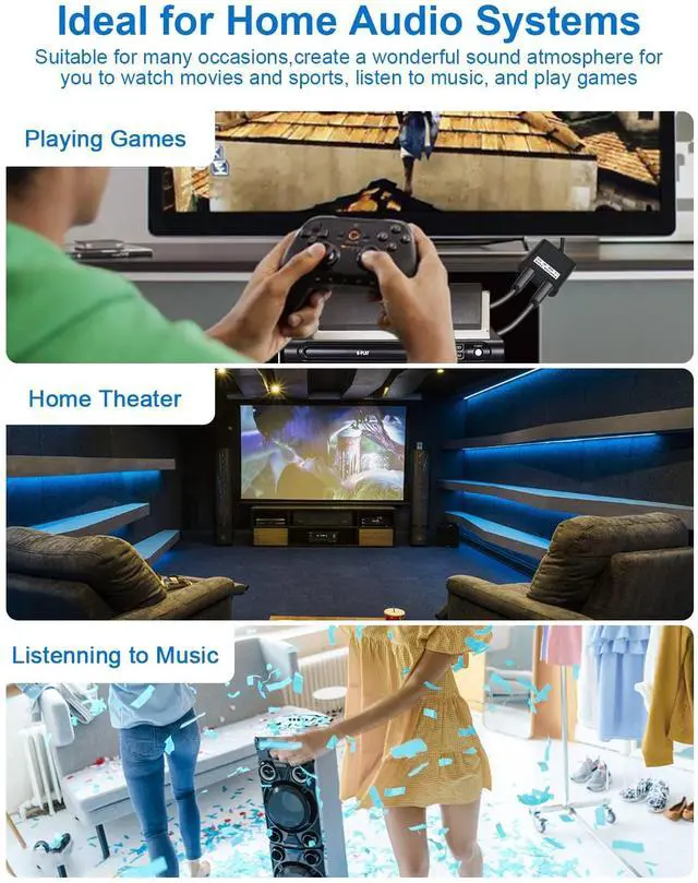 Alt view image 7 of 7 - IHDAPP Optical Audio Splitter 1 in to 2 Out Toslink Splitter Optical Adapter Cable, Optical Splitter 1 to 2 Toslink Cable Adapter, Ideal for Home Theatre and More - Black