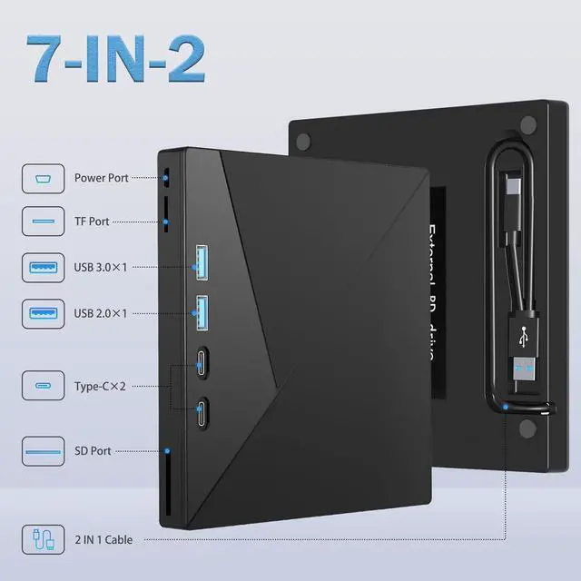 Alt view image 3 of 7 - IHDAPP 7 in 1 External Blu Ray Drive, 4K Blu Ray Burner, USB 3.0 Type-C Portable Blu Ray Drive, CD DVD Burner 3D BD Player with SD/TF Ports, External CD DVD Optical Drive Compatible with Windows MacOS