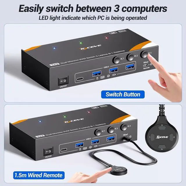 Alt view image 4 of 7 - IHDAPP KVM Switch 2 Monitors 3 Computers USB C, USB 3.0 Dual Monitor HDMI  KVM Switch for 2 Laptops 1 Desktop Share 4 USB 3.0 Device Keyboard, Mouse, 85W PD, 4K@60Hz, Power Adapter and Wired Remote