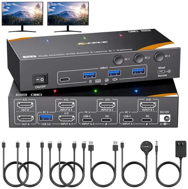 Main image of IHDAPP KVM Switch 2 Monitors 3 Computers USB C, USB 3.0 Dual Monitor HDMI  KVM Switch for 2 Laptops 1 Desktop Share 4 USB 3.0 Device Keyboard, Mouse, 85W PD, 4K@60Hz, Power Adapter and Wired Remote