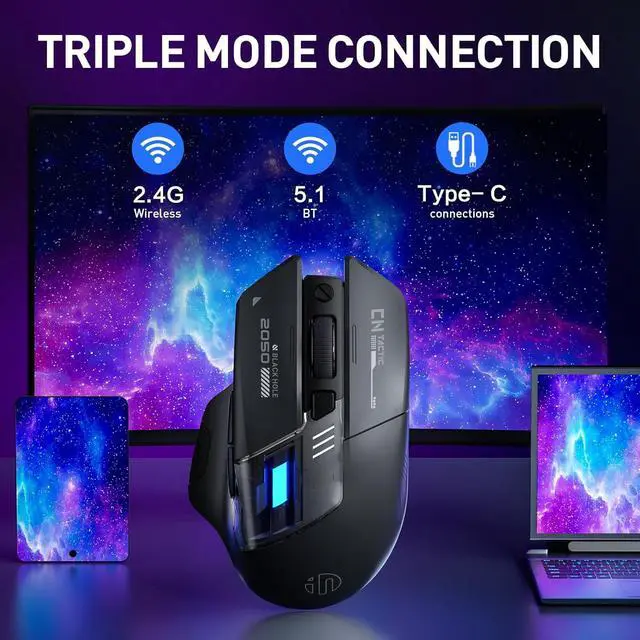 Alt view image 2 of 7 - IHDAPP A9 V2 Explorer Wireless Mouse, Tri-Mode 2.4G/Type-C Wired/Bluetooth Gaming Mouse, Rechargeable, 12800 DPI, RGB light, visible battery indicator, for Laptop/PC/Computer