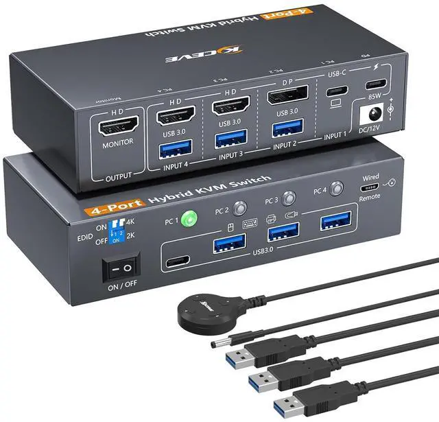 Main image of IHDAPP 4 Computers KVM Switch 4 Port Hybrid USB-C & Displayport & Dual HDMI 4K@60Hz USB 3.0 KVM Switcher with EDID Emulator for 4 PC Share 1 Monitor & Keyboard Mouse Printer, Support PD 85W Charging