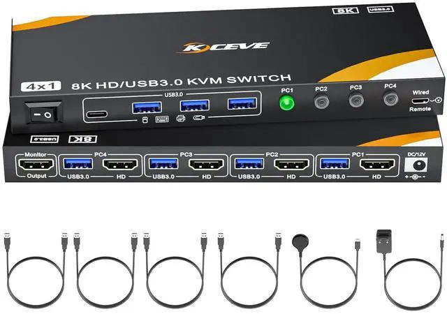 Main image of IHDAPP HDMI KVM Switch 4 PC 1 Monitor 8K@60Hz, 4 Port HDMI 2.1 USB 3.0 KVM Switch for 4 Computers Share 1 Monitor and 4 USB 3.0 Devices (Keyboard, Mouse, Printer), with Wired Remote & 4 USB 3.0 Cables