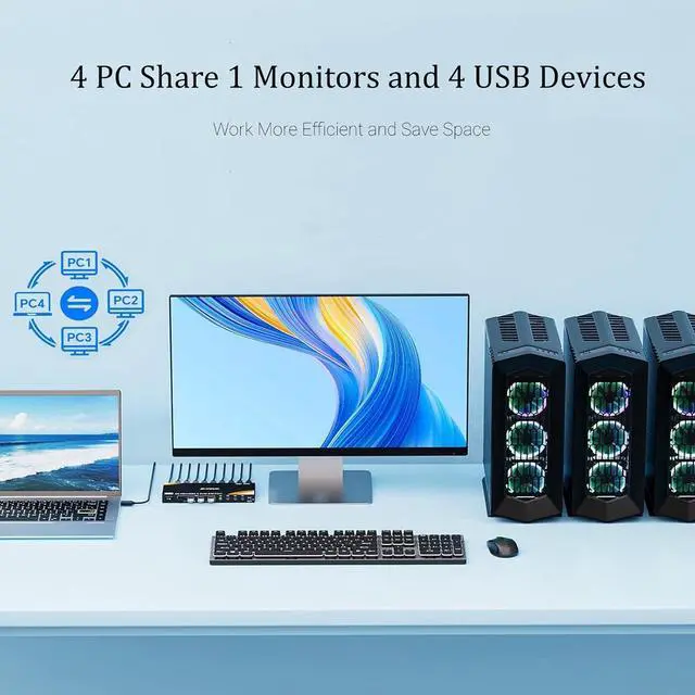 Alt view image 2 of 7 - IHDAPP HDMI KVM Switch 4 PC 1 Monitor 8K@60Hz, 4 Port HDMI 2.1 USB 3.0 KVM Switch for 4 Computers Share 1 Monitor and 4 USB 3.0 Devices (Keyboard, Mouse, Printer), with Wired Remote & 4 USB 3.0 Cables