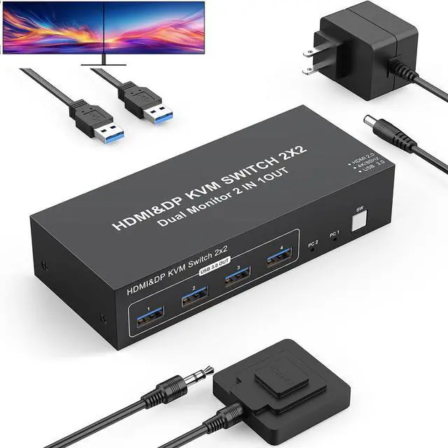 Main image of IHDAPP HDMI + DP KVM Switch 2 Monitors 2 Computers 4K@60Hz, HDMI + Displayport Dual Monitor KVM Switches 2 in 2 Out for 2 PC Share Mouse Keyboard and 2 Screens with USB 3.0 Cables & Wired Controller