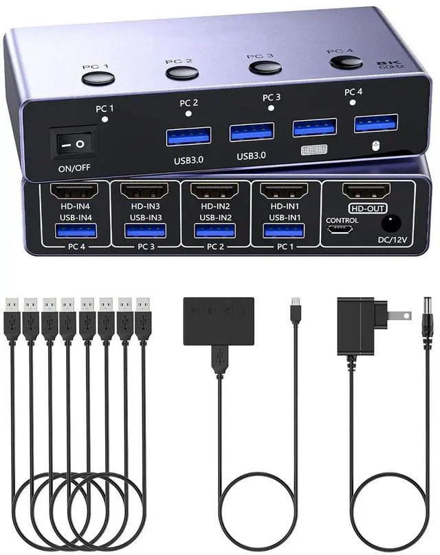 Main image of IHDAPP 8K@60Hz HDMI KVM Switch 4 Computers Share One Monitor with 4 USB 3.0 Ports, Aluminum HDMI USB 3.0 KVM Switches, Share Keyboard Mouse Hard Drives Printer with 4 USB Cables and Desktop Controller