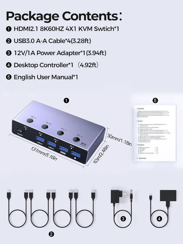 Alt view image 7 of 7 - IHDAPP 8K@60Hz HDMI KVM Switch 4 Computers Share One Monitor with 4 USB 3.0 Ports, Aluminum HDMI USB 3.0 KVM Switches, Share Keyboard Mouse Hard Drives Printer with 4 USB Cables and Desktop Controller