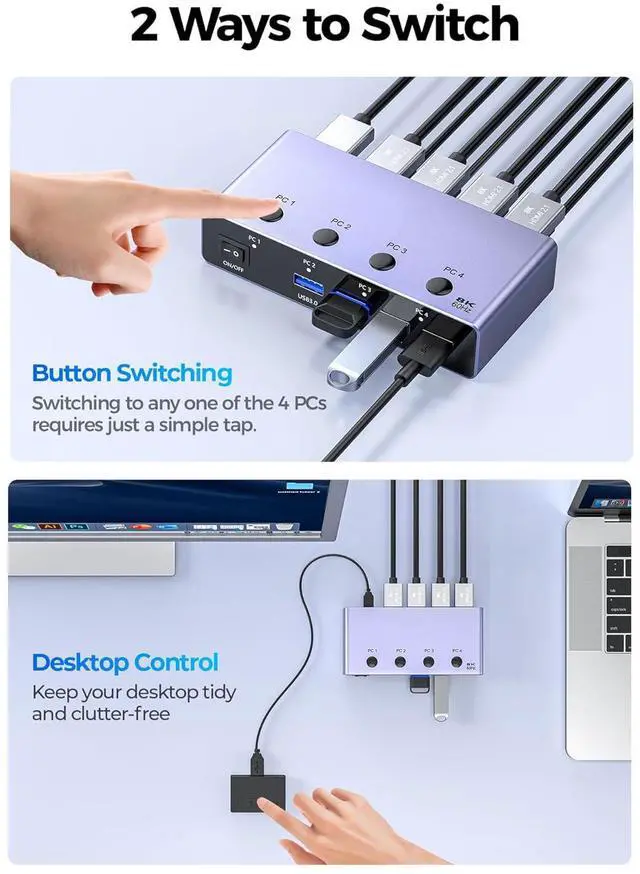 Alt view image 5 of 7 - IHDAPP 8K@60Hz HDMI KVM Switch 4 Computers Share One Monitor with 4 USB 3.0 Ports, Aluminum HDMI USB 3.0 KVM Switches, Share Keyboard Mouse Hard Drives Printer with 4 USB Cables and Desktop Controller