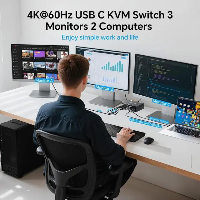 Alt view image 5 of 7 - IHDAPP KVM Switch for 1 Laptop & 1 Desktop share 3 Monitors 4K@60Hz, USB C HDMI 3 Monitor KVM Switch, Docking Station KVM Switches with 4 USB 3.0 Port, 87W PD Charging, Wired Remote and Power Adapter
