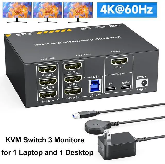 Main image of IHDAPP KVM Switch for 1 Laptop & 1 Desktop share 3 Monitors 4K@60Hz, USB C HDMI 3 Monitor KVM Switch, Docking Station KVM Switches with 4 USB 3.0 Port, 87W PD Charging, Wired Remote and Power Adapter