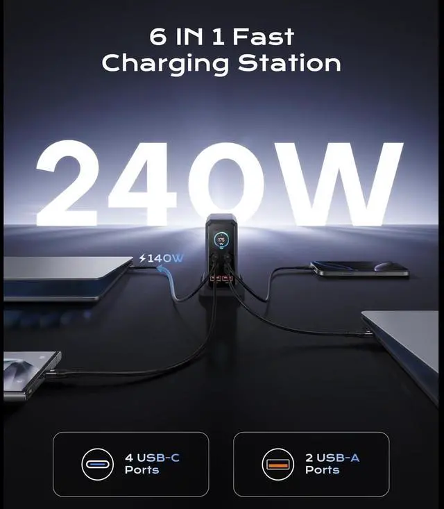 Alt view image 2 of 7 - IHDAPP 240W USB C Charger Block, 6 Ports USB Charging Station, GaN 140W PD 3.1 USB Charger, Laptop Fast Charger Adapter Desktop Charger Station with LCD Display for Laptops, Smartphones etc..