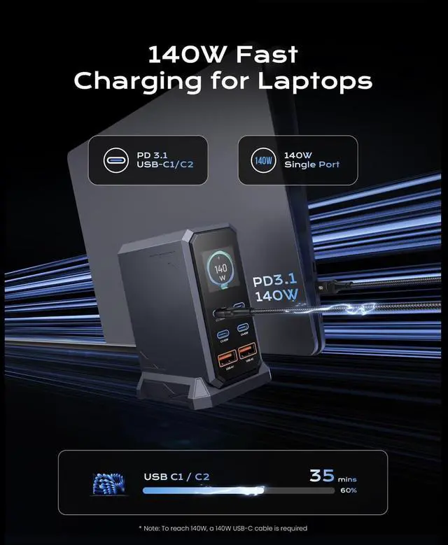 Alt view image 3 of 7 - IHDAPP 240W USB C Charger Block, 6 Ports USB Charging Station, GaN 140W PD 3.1 USB Charger, Laptop Fast Charger Adapter Desktop Charger Station with LCD Display for Laptops, Smartphones etc..