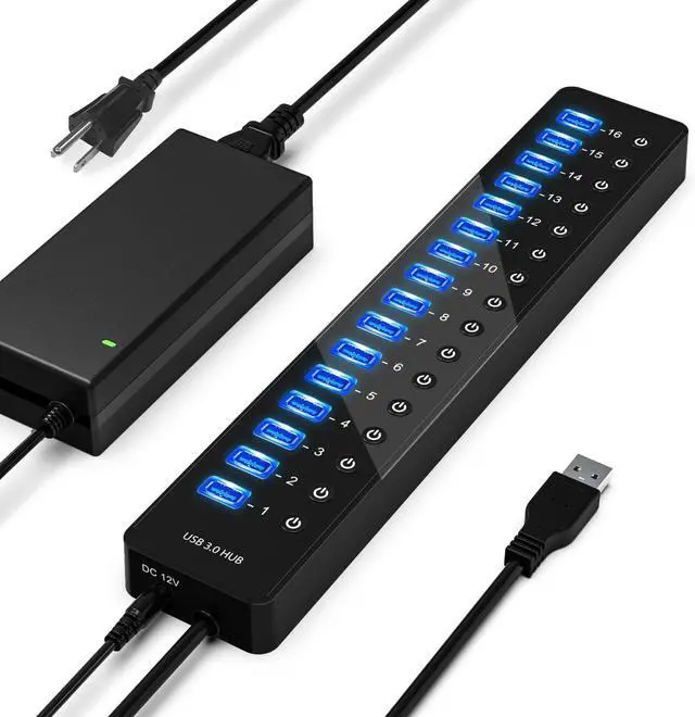 Main image of IHDAPP Powered USB Hub 3.0, 16 Ports USB Splitter with 12V/6A Power Adapter and Individual Switches, High-Speed Data Transfer USB 3.0 Hub for Laptop, PC, Mac, and More Devices (with US Plug)