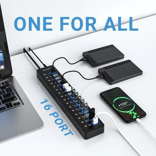 Alt view image 3 of 7 - IHDAPP Powered USB Hub 3.0, 16 Ports USB Splitter with 12V/6A Power Adapter and Individual Switches, High-Speed Data Transfer USB 3.0 Hub for Laptop, PC, Mac, and More Devices (with US Plug)