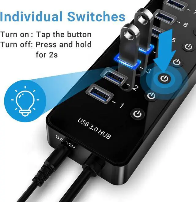 Alt view image 2 of 7 - IHDAPP Powered USB Hub 3.0, 16 Ports USB Splitter with 12V/6A Power Adapter and Individual Switches, High-Speed Data Transfer USB 3.0 Hub for Laptop, PC, Mac, and More Devices (with US Plug)