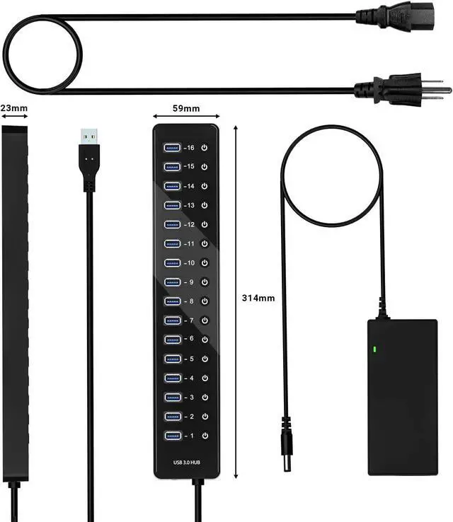 Alt view image 7 of 7 - IHDAPP Powered USB Hub 3.0, 16 Ports USB Splitter with 12V/6A Power Adapter and Individual Switches, High-Speed Data Transfer USB 3.0 Hub for Laptop, PC, Mac, and More Devices (with US Plug)