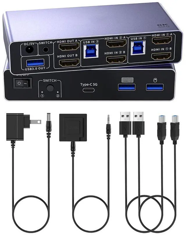 Main image of IHDAPP USB 3.0 HDMI KVM Switch 2 Monitors 2 Computers, 8K@60Hz 2 Ports Dual Monitor HDMI KVM Switch 2 in 2 Out, Dual Mode Switching, with 3 USB 3.0 Port, Desktop Controller and 2 USB Cables