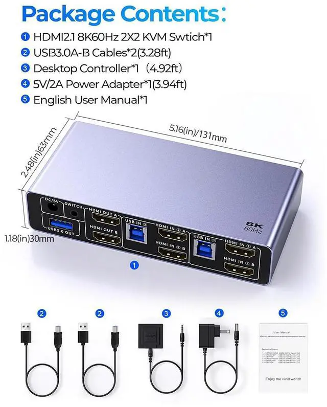 Alt view image 7 of 7 - IHDAPP USB 3.0 HDMI KVM Switch 2 Monitors 2 Computers, 8K@60Hz 2 Ports Dual Monitor HDMI KVM Switch 2 in 2 Out, Dual Mode Switching, with 3 USB 3.0 Port, Desktop Controller and 2 USB Cables