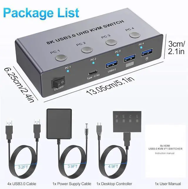 Alt view image 7 of 7 - IHDAPP 4 Ports HDMI KVM Switch 4 Computers 1 Monitor, USB 3.0 HDMI KVM Switch  4 In 1 Out 4K@120Hz. Support 8K@60Hz Resolution HDMI KVM Switches for 4 Computers Share Mouse Keyboard and Monitor