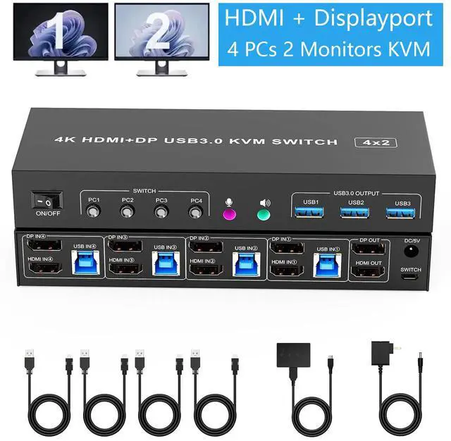 Main image of IHDAPP HDMI DisplayPort KVM Switch 4 Computer 2 Monitors,  4K@60Hz Dual Monitor KVM Switch 4 Port for 4 PCs Share 2 Monitors -3 USB 3.0 Ports for Keyboard Mouse Printer, with Audio Microphone Output