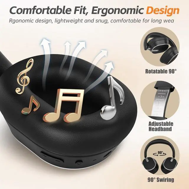 Alt view image 3 of 7 - IHDAPP Hybrid Active Noise Cancelling Bluetooth Headphones,Bluetooth 6.0 Over Ear Wireless Headphones with 60H Playtime, Hi-Res Audio, Deep Bass, Memory Foam Ear Cups for Home Office Travel (Black)