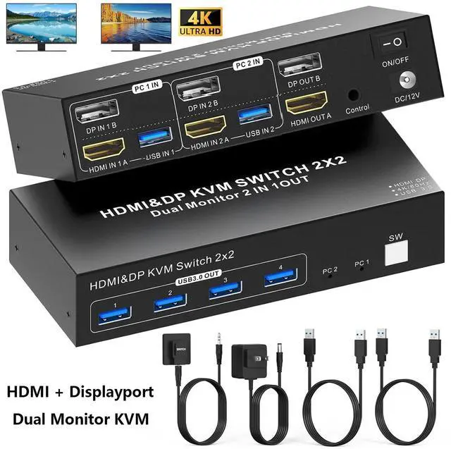 Main image of IHDAPP Dual Monitor HDMI + Displayport KVM Switch 2 Computers 2 Monitors- 4K@60Hz, HDMI+DP  KVM Switch 2 in 2 Out for 2 PCs Share 2 Monitors with 4 USB 3.0 Ports, Wired Remote & 2 USB Cables Included