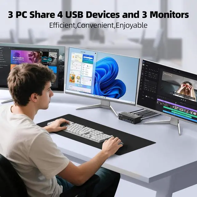 Alt view image 2 of 7 - IHDAPP KVM Switch 3 Monitors 3 Computers 8K@60Hz 4K@144Hz, HDMI + 2 Dispalyport Triple Monitor KVM Switches with 4 USB 3.0 Ports, Support Extended/Mirror Mode, with Wired Controller and USB 3.0 Cables