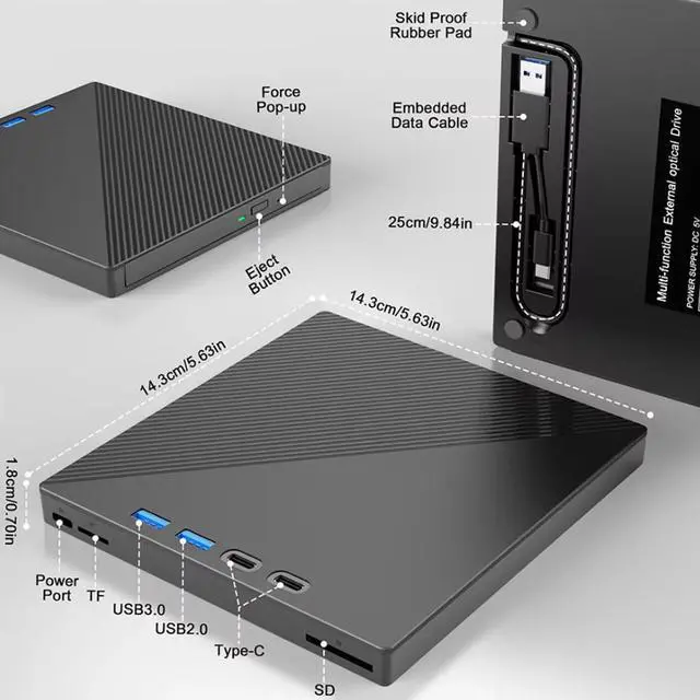 Alt view image 6 of 7 - IHDAPP 7 in 1 External DVD Drive with 4 USB Ports & SD/TF Slots, USB 3.0 & Type-C External CD/DVD Drive for Laptop, Portable CD/DVD +/-RW Disk Drive, CD/DVD Burner CD ROM External Drive for Desktop PC