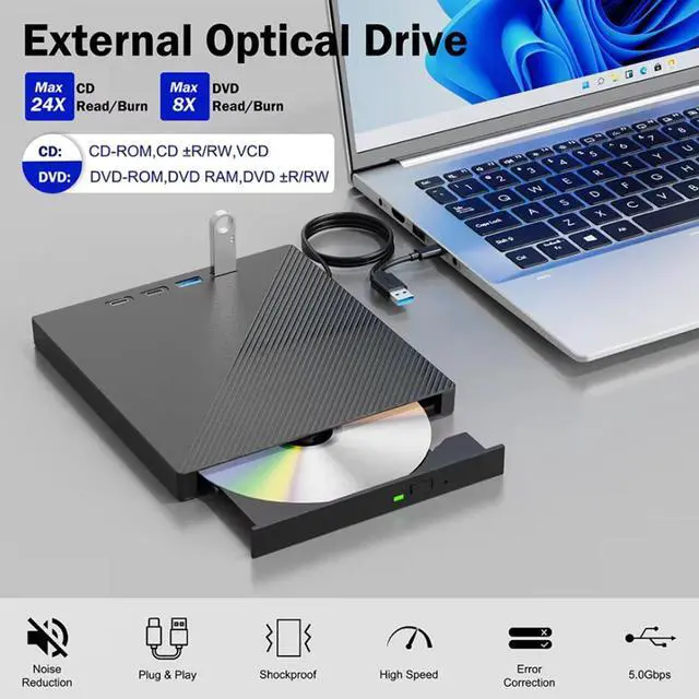 Alt view image 3 of 7 - IHDAPP 7 in 1 External DVD Drive with 4 USB Ports & SD/TF Slots, USB 3.0 & Type-C External CD/DVD Drive for Laptop, Portable CD/DVD +/-RW Disk Drive, CD/DVD Burner CD ROM External Drive for Desktop PC