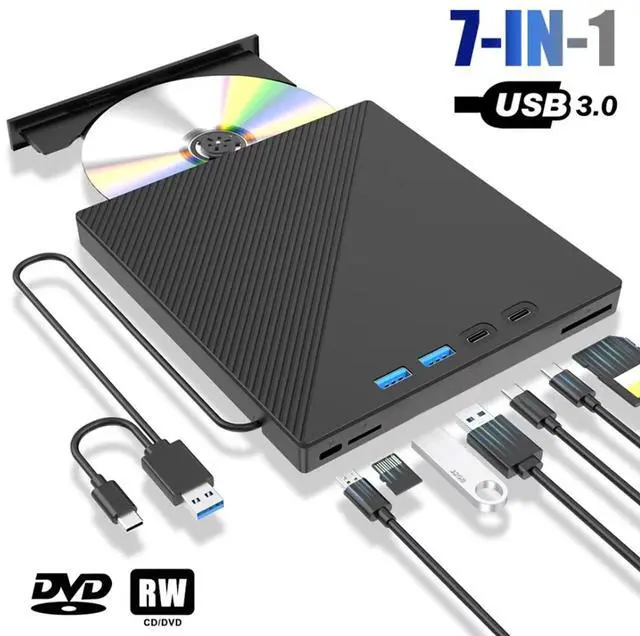 Main image of IHDAPP 7 in 1 External DVD Drive with 4 USB Ports & SD/TF Slots, USB 3.0 & Type-C External CD/DVD Drive for Laptop, Portable CD/DVD +/-RW Disk Drive, CD/DVD Burner CD ROM External Drive for Desktop PC