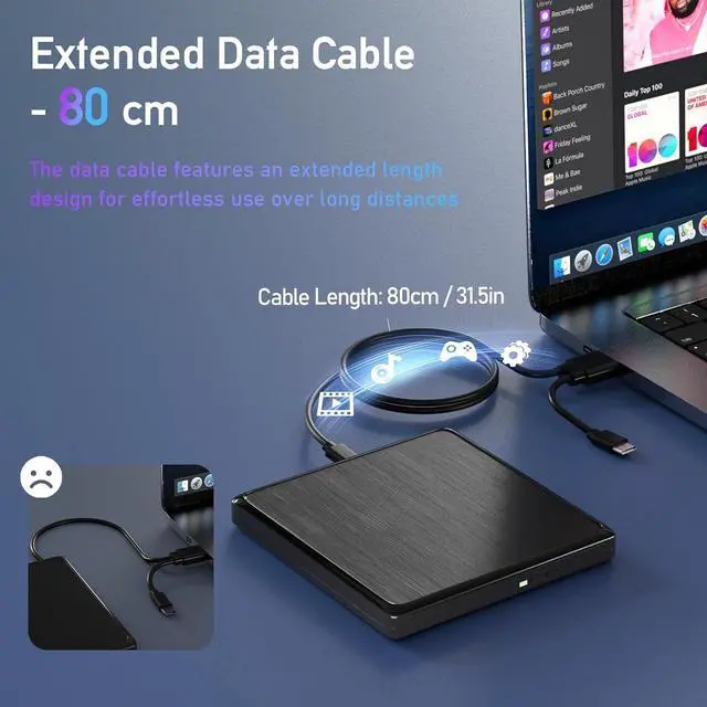 Alt view image 2 of 7 - IHDAPP USB CD/DVD External Drive, USB 3.0 and Type-C External CD/DVD Drive for Laptop, CD ROM External Drive for PC with Extended Data Cable, Portable CD Burner DVD Reader for Windows Linux Mac OS