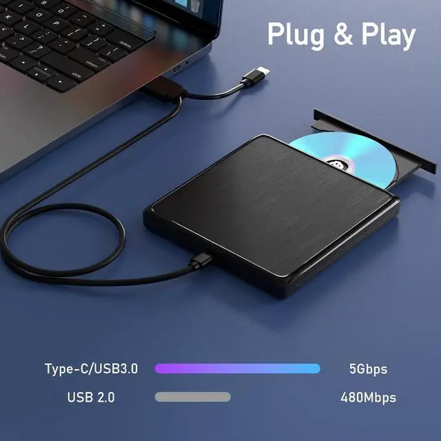 Alt view image 3 of 7 - IHDAPP USB CD/DVD External Drive, USB 3.0 and Type-C External CD/DVD Drive for Laptop, CD ROM External Drive for PC with Extended Data Cable, Portable CD Burner DVD Reader for Windows Linux Mac OS