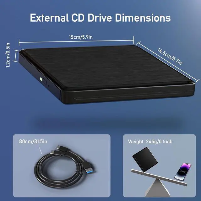 Alt view image 6 of 7 - IHDAPP USB CD/DVD External Drive, USB 3.0 and Type-C External CD/DVD Drive for Laptop, CD ROM External Drive for PC with Extended Data Cable, Portable CD Burner DVD Reader for Windows Linux Mac OS