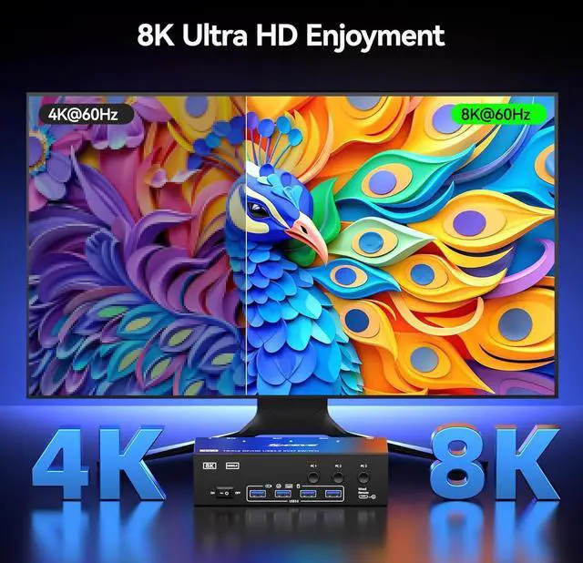 Alt view image 5 of 7 - IHDAPP KVM Switch 3 Monitors 3 Computers 8K@60Hz, HDMI + 2 Displayport Triple Monitor KVM Switch,3 Monitor KVM with 4 USB 3.0 Ports for Keyboard Mouse Printer, Wired Remote and Power Adapter Included