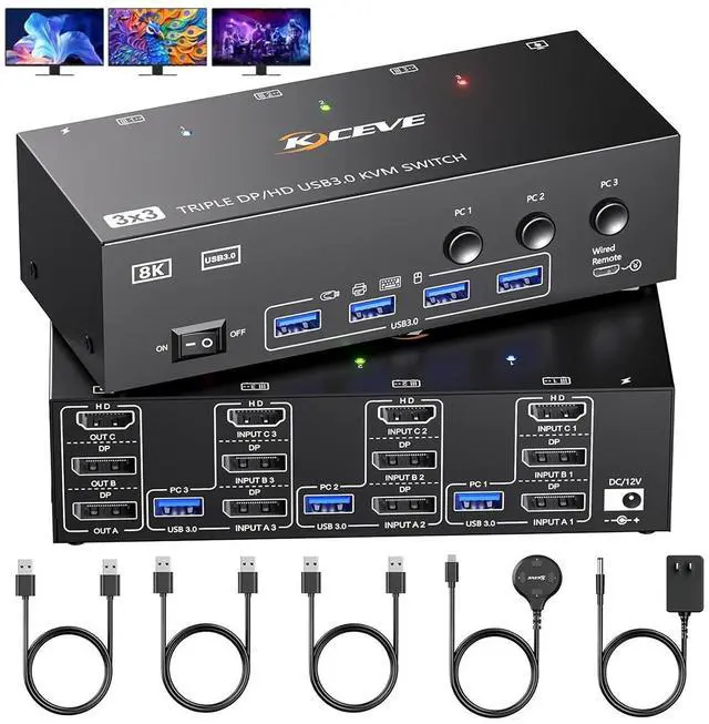 Main image of IHDAPP KVM Switch 3 Monitors 3 Computers 8K@60Hz, HDMI + 2 Displayport Triple Monitor KVM Switch,3 Monitor KVM with 4 USB 3.0 Ports for Keyboard Mouse Printer, Wired Remote and Power Adapter Included