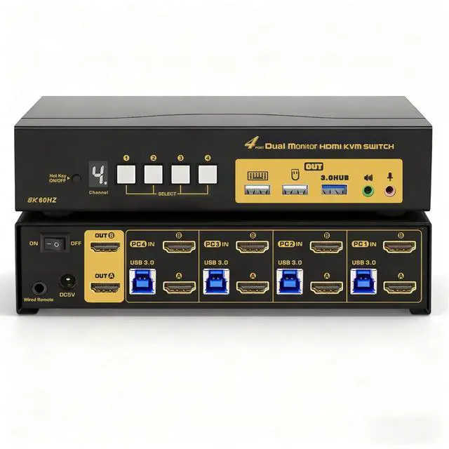 Main image of IHDAPP 8K@60Hz 4 Ports HDMI Dual Monitor KVM Switch for 4 Computers 2 Monitors, with EDID Emulation HDMI KVM Switch with 4 USB 3.0 Ports, Support Hotkey, with Audio and Microphone Output, Wired Remote