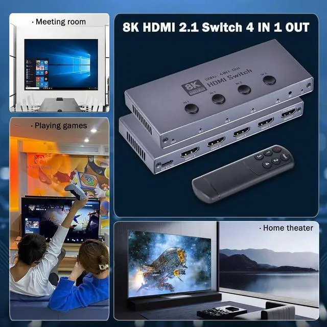 Alt view image 7 of 7 - IHDAPP 4 Ports 8K HDMI 2.1 Switch, 4 in 1 Out HDMI 2.1 Switcher Supports 8K@60Hz, 4K@240Hz, 1080P@480Hz, HDCP 2.3 CEC HDR 3D Do-lby At-m-os VRR Compatible with PS5 Xbox Blu-Ray Player etc.