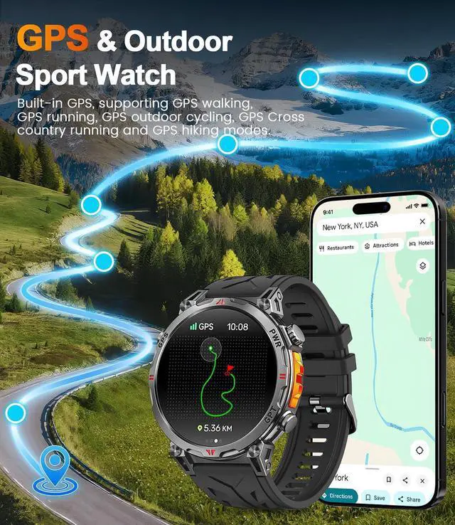 Alt view image 2 of 7 - IHDAPP GPS Military Smart Watches for Men, 1.56" AMOLED Screen Bluetooth Call, Smartwatch for Android Phones and iPhone, 100+ Sport Modes, 3ATM Waterproof Smart Watch with Compass