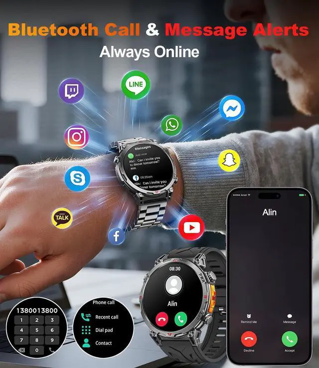 Alt view image 4 of 7 - IHDAPP GPS Military Smart Watches for Men, 1.56" AMOLED Screen Bluetooth Call, Smartwatch for Android Phones and iPhone, 100+ Sport Modes, 3ATM Waterproof Smart Watch with Compass