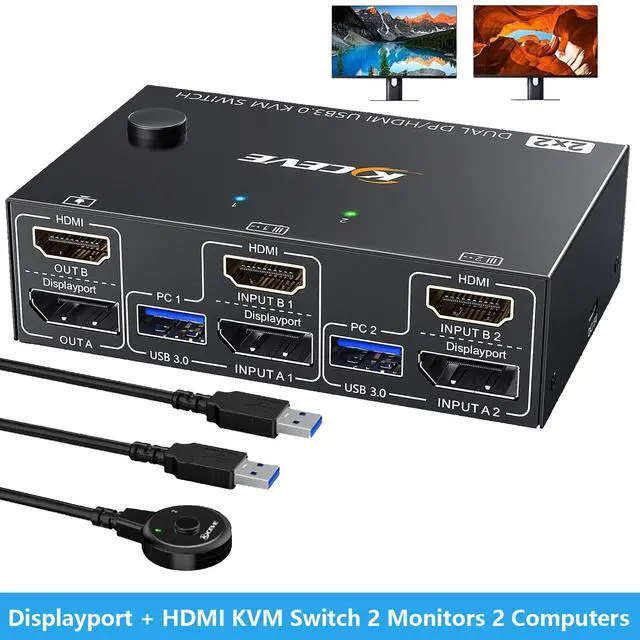 Main image of IHDAPP Displayport + HDMI KVM Switch 2 Monitors 2 Computers 4K@60Hz, Dual Monitor KVM Switch for 2 PCs Share 2 Monitors and 4 USB3.0 Ports for Keyboard Mouse Printer. with Wired Remote and USB Cables