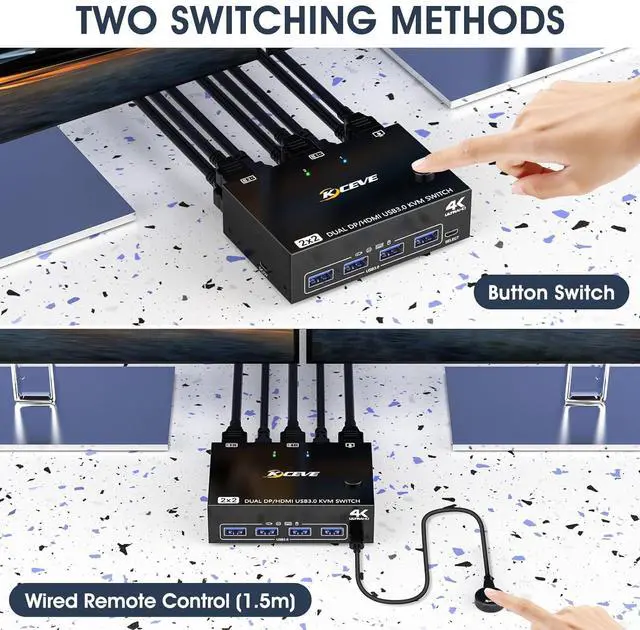 Alt view image 4 of 7 - IHDAPP Displayport + HDMI KVM Switch 2 Monitors 2 Computers 4K@60Hz, Dual Monitor KVM Switch for 2 PCs Share 2 Monitors and 4 USB3.0 Ports for Keyboard Mouse Printer. with Wired Remote and USB Cables